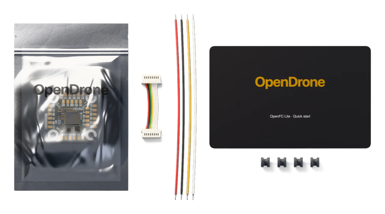 1× OpenFC Lite board, 1× JST-SH 1.0 mm 8-pin FC-to-ESC cable, 4× Silicone soft-mount grommets, M2, 1× Silicone hook-up wire set, 28 AWG, four colours, 1× Quick-start card, 1× ESD bag