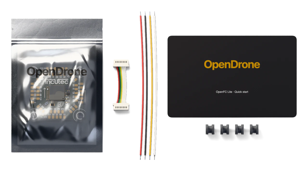 1× OpenFC Lite board, 1× JST-SH 1.0 mm 8-pin FC-to-ESC cable, 4× Silicone soft-mount grommets, M3, 1× Silicone hook-up wire set, 28 AWG, four colours, 1× Quick-start card, 1× ESD bag