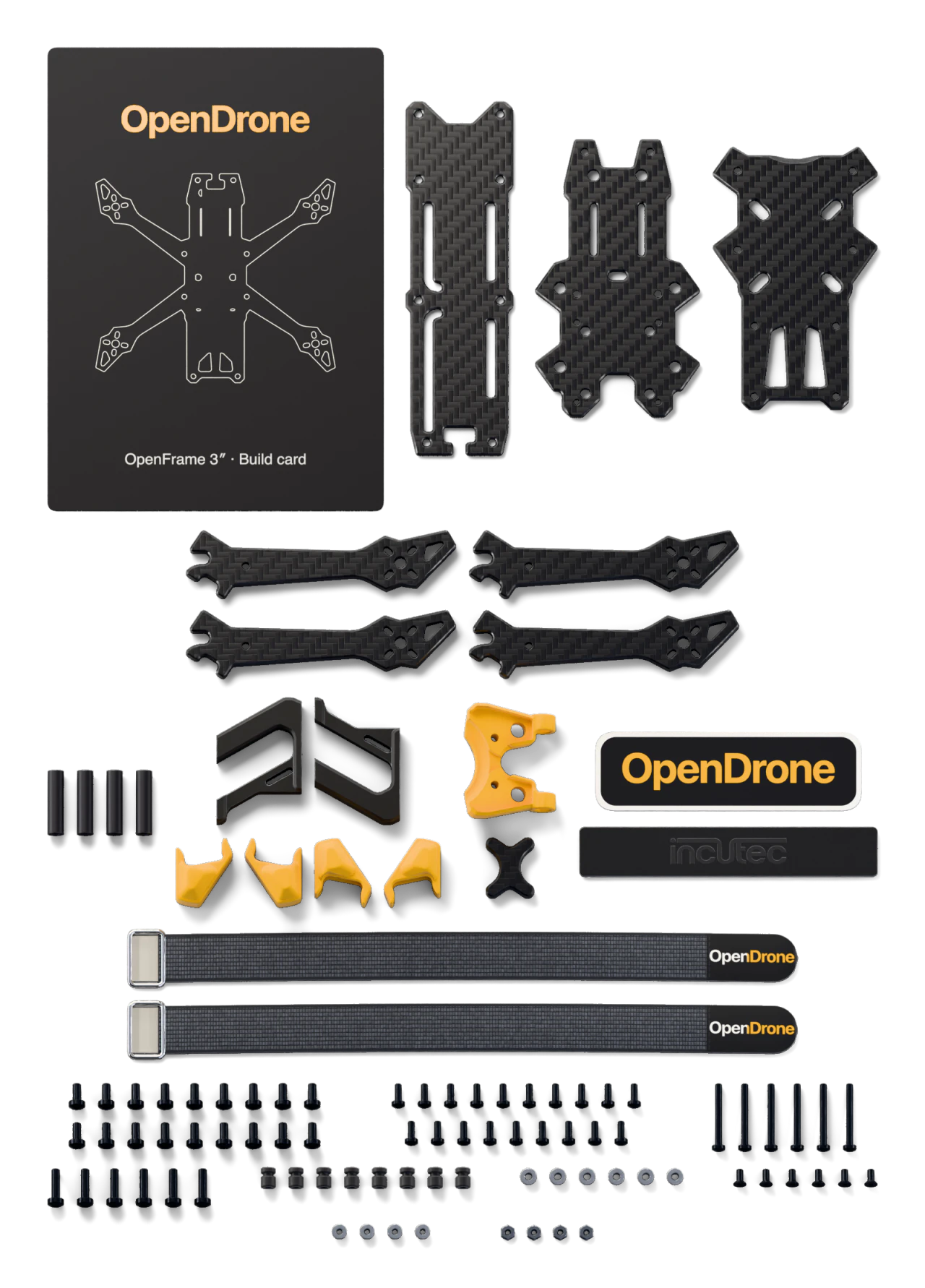 1× Carbon cross, 3× Carbon plates: bottom, middle, top, 1× CNC aluminium camera mount pair, 1× TPU parts set: camera inserts for every camera size, arm boots, VTX mount, antenna mount (printed by Incutec), 1× Anti-slip battery pad, 1× Hardware kit: screws, nuts, press nuts, standoffs and soft-mount grommets, with 2 spares of every screw size, 1× Build card, 1× Sticker, 4× 3" carbon arms, 4 mm, 2× Battery straps, 15 × 200 mm