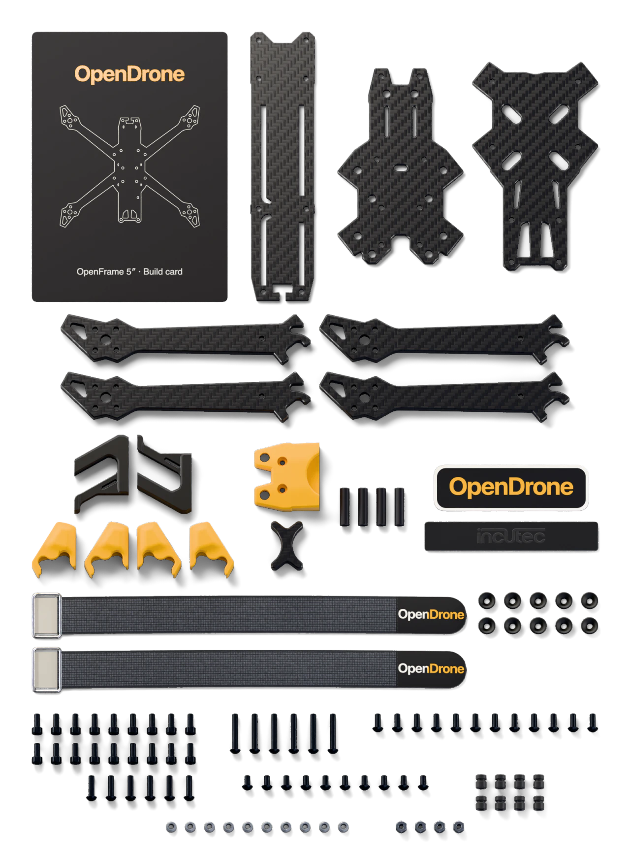 1× Carbon cross, 3× Carbon plates: bottom, middle, top, 1× CNC aluminium camera mount pair, 1× TPU parts set: camera inserts for every camera size, arm boots, VTX mount, antenna mount (printed by Incutec), 1× Anti-slip battery pad, 1× Hardware kit: screws, nuts, press nuts, standoffs and soft-mount grommets, with 2 spares of every screw size, 1× Build card, 1× Sticker, 4× 5" carbon arms, 6 mm, 2× Battery straps, 20 × 220 mm, Aluminium M3 cup washers, anodised