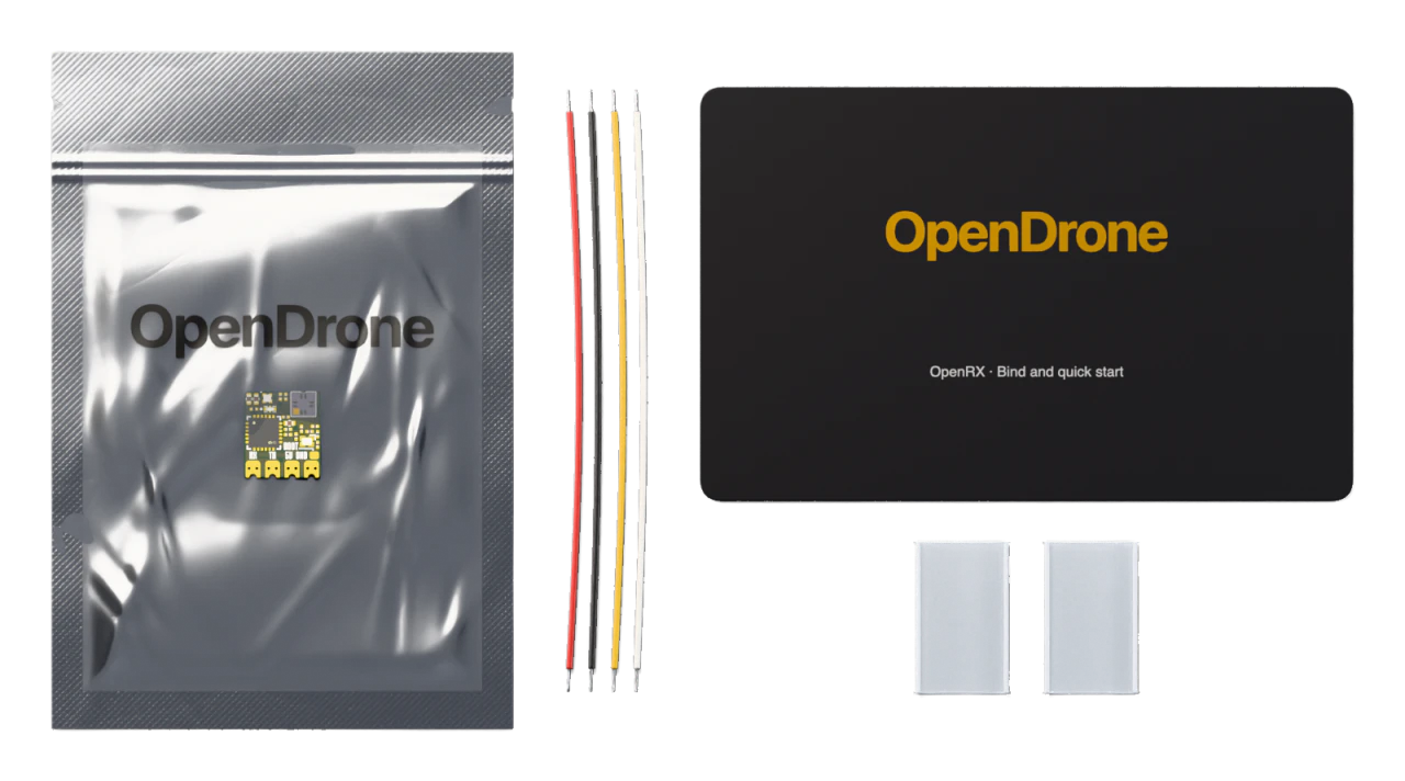 1× OpenRX board, 1× Silicone hook-up wire set, 30 AWG, four wires, 1× Heat-shrink sleeve, clear, two-piece, 1× Bind and quick-start card, 1× ESD bag