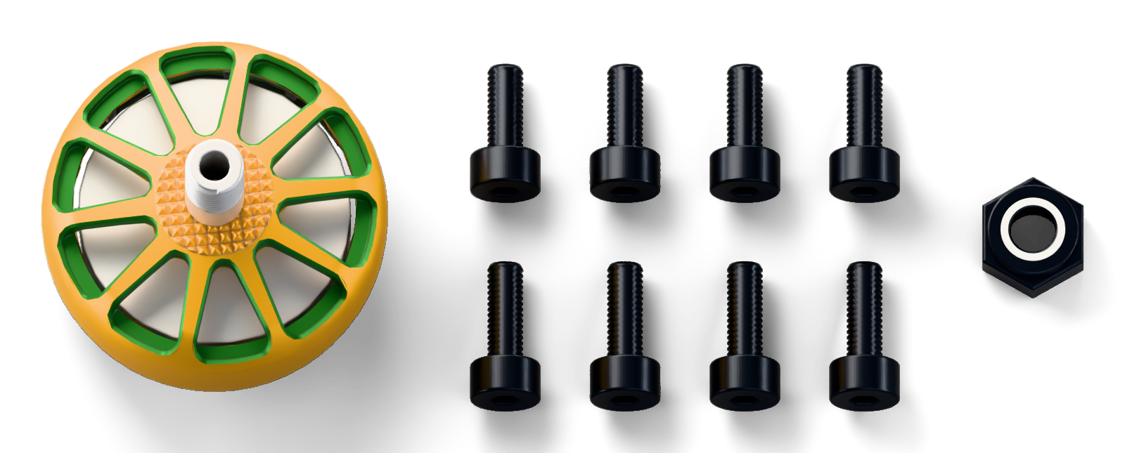 1× Motor, 4× Mounting screws, M3 × 8 mm, 4× Mounting screws, M3 × 9 mm, 1× Prop nut, M5 nylock